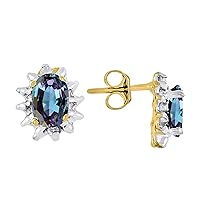 14K Yellow Gold Halo Stud Earrings - 6X4MM Oval Alexandrite June Birthstone, Elegant Diamonds for Women & Girls by Rylos