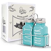 Turquoise Salt and Pepper Shakers Set, a cute teal premium glass shakers with holder and stainless steel lids, perfect for adding a modern kitchen decor charm, great as a gift.