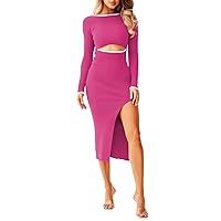 Pink Queen Women's Long Sleeve Bodycon Dress Crew Neck Cutout Ribbed Knit Slit Party Midi Dresses Outfits