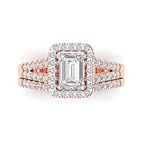 1.7 ct Brilliant Emerald Cut Clear Diamond Simulant 18k Rose Gold Halo Solitaire with Accents Bridal Set