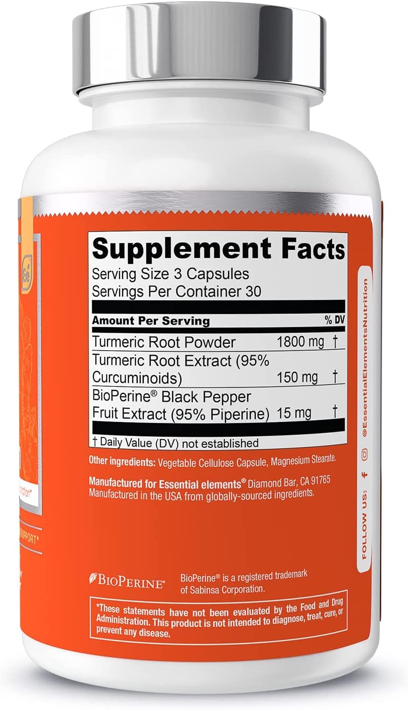 Essential Elements Turmeric Curcumin - Joint, Heart & Brain Support - with Bioperine for Increased Absorption 1950 mg - 90 Capsules