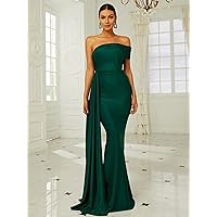 Women's Dress One Shoulder Ruched Draped Side Floor Length Formal Dress Dress for Women (Color : Dark Green, Size : X-Large)