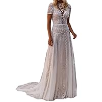 A-Line Boho Wedding Dress High Neck Short Sleeve Court Train Lace Bridal Gown Reception Dress with Appliques 2024