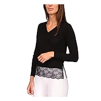 Michael Kors Womens Black Short Length Lace Trim Vented Hem Ribbed Trim Long Sleeve V Neck Wear to Work Sweater Petites PXL