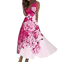 Spring Dresses for Women 2024 Sun Beach Vacation Long Maxi Swing Dress A Line Dress Print Sleeveless V Neck Dress