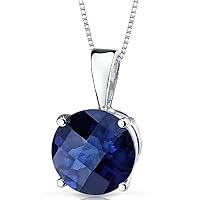 PEORA Solid 14K White Gold Created Blue Sapphire Pendant for Women, Classic Solitaire, Round Shape, 8mm, 2.75 Carats total