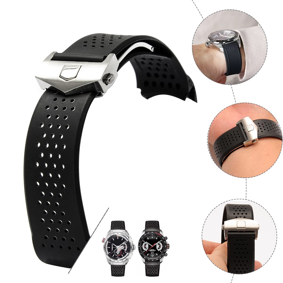 Nice Pies Men Soft Silicone Watch Band Military Strong Rubber Replacement Watch Strap with Stainless Steel Button Folding Table Buckle Waterproof Sport Wristband Black 22mm/24mm