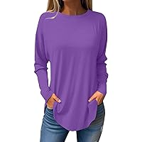 Womens Fashion Solid Shirts Fall Round Neck Long Sleeve Tops 2023 Fall Vintage Tunic Casual Basic Sweatshirts