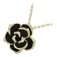 GWG Jewellery Pendant Necklace Coated Rosebud Flower with Black Leaves Graced with Diamond Clear Crystals