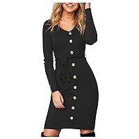 Dresses for Women Wedding Guest, Women's Solid Color Round Neck A-Line Long Sleeve Midi Dress