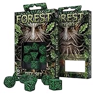Q WORKSHOP Forest Engraved green & black RPG ornamented Dice Set 7 polyhedral pieces