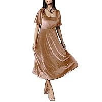 Maxianever Plus Size Velvet Long Bridesmaid Dresses Scoop Neck Formal Evening Party Gown for Women 1/2 Puffy Sleeves Red Brown US26W
