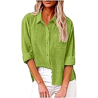 Cotton Linen Button Down Shirt Women Casual Rolled Long Sleeve Solid Color Shirts Loose Work Tops with Pockets