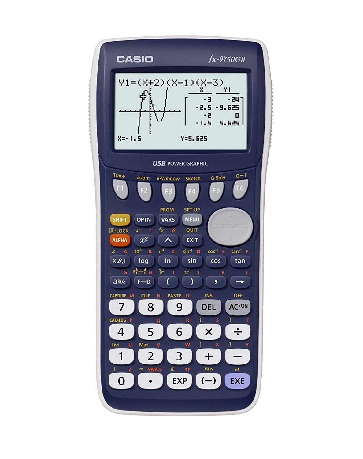 Casio fx-9750GII Graphing Calculator with icon based menu. Color white.