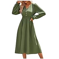 Fall Dresses for Women 2024 with Sleeves Cotton V Neck Button Down A Line Casual Dress Wedding Guest Dresses