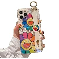 for iPhone 15 Pro Max Case Cute with Wrist Strap Kickstand Glitter Bling Cartoon IMD Silicone TPU Shockproof Protective Phone Cases Cover for Girls and Women - Sunflower