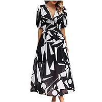 Spring Summer Dresses for Women 2024, Boho Deep V Neck Printed Midi Dress, Fashion Lantern Sleeves A-Line Long Dress