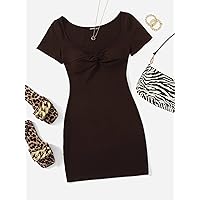 Easter Dress for Women Sweetheart Neck Twist Front Dress (Color : Chocolate Brown, Size : Petite XXS)