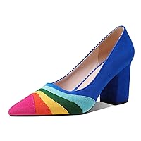 LEHOOR Women Rainbow Chunky Heel Pumps Pointed Toe Suede Multicolor High Heels 3 Inch Slip On Closed Toe Block Dress Pumps for Ladies Party Office Classic Comfy Retro Fashion 4-13 M US