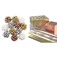 Hallmark Holiday Gift Bow Assortment (12) Gold, Silver, Bronze, White & Foil Christmas Wrapping Paper with Cut Lines on Reverse (3 Rolls: 60 Sq. Ft. Ttl) Rose Gold, Silver Trees, Gold Snowflakes