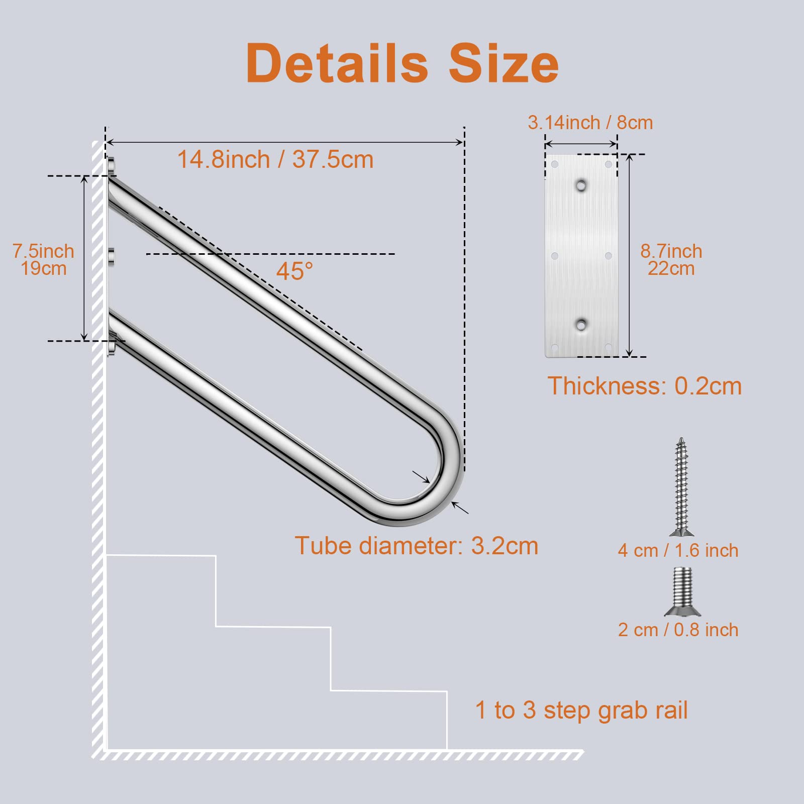 20 inch Stainless Steel Handrail for 1-3 Steps- 1.25