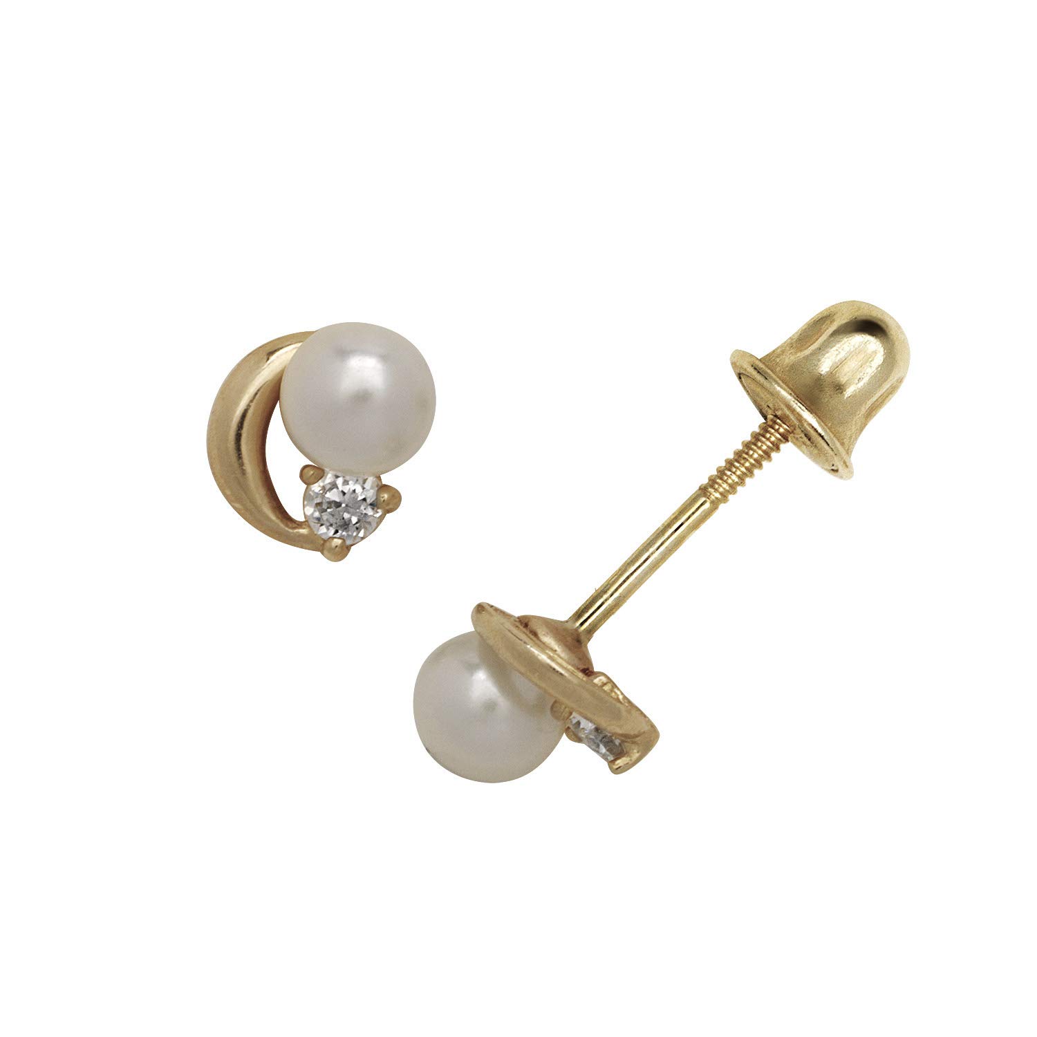 Jewelry Web Solid 14k Yellow Gold Small 5mm Crescent Moon CZ and FW Pearl Screw-back Stud Earrings (3 Color)