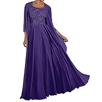 Mother of The Bride Dresses with Jacket Chiffon Long Sleeve Evening Dress Lace Formal Gowns