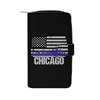 Chicago Skyline American Flag Womens Leather Wallets Slim Card Holder Purse RFID Blocking Bifold Clutch Handbag Zippered Pocket