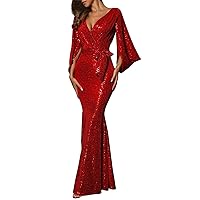 XJYIOEWT Maternity Dress Long Sleeve,Women's Floor Length Evening Dress with Slit Solid Sequins One Shoulder Evening Dre