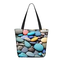 Colored Pebbles Tote Bag with Zipper for Women Inside Mesh Pocket Heavy Duty Casual Anti-water Cloth Shoulder Handbag Outdoors