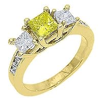 14k Yellow Gold Fancy Yellow Princess Cut 3 Stone Diamond Ring 1.63 Carats