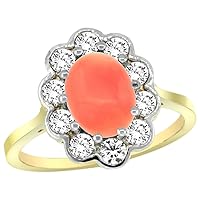 14k Yellow Gold Halo Engagement Coral Engagement Ring Diamond Accents Oval 9x7mm, sizes 5 - 10
