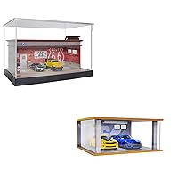 1/64 Scale Diecast Parking Garage Moldel 2-Tires and 1/18 Scale Hot Wheels Display Case with LED Light Acrylic Cover