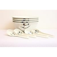 Set of 4 Quality Cream Japanese Eggplant Flower Noodle Bowls and Spoons