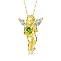 14K Yellow Gold Guardian Angel Necklace with 6X4MM Gemstone & Diamonds on 18