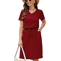 HUSKARY Women Summer Casual Midi Dresses Short Sleeve V Neck Drawstring Knee Length T Shirt Dress with Split and Pocket