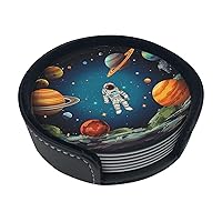 Outer Space Rocket Astronaut Printed Drink Coasters with Holder Leather Coasters Set of 6 Dining Room Decor Cup Coasters for Home Office Kitchen