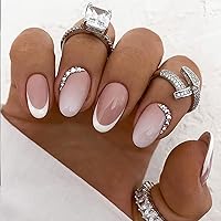 Press on Nails Medium - 24 Pcs French Tip Nails Medium Square White Nail Tips Fake Nails Full Cover Nude Acrylic False Nails with Luxury Glitter Rhinestones Artificial Nails Manicure Decoration