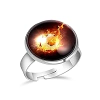 Sports Soccer Football Fire Adjustable Rings for Women Girls, Stainless Steel Open Finger Rings Jewelry Gifts