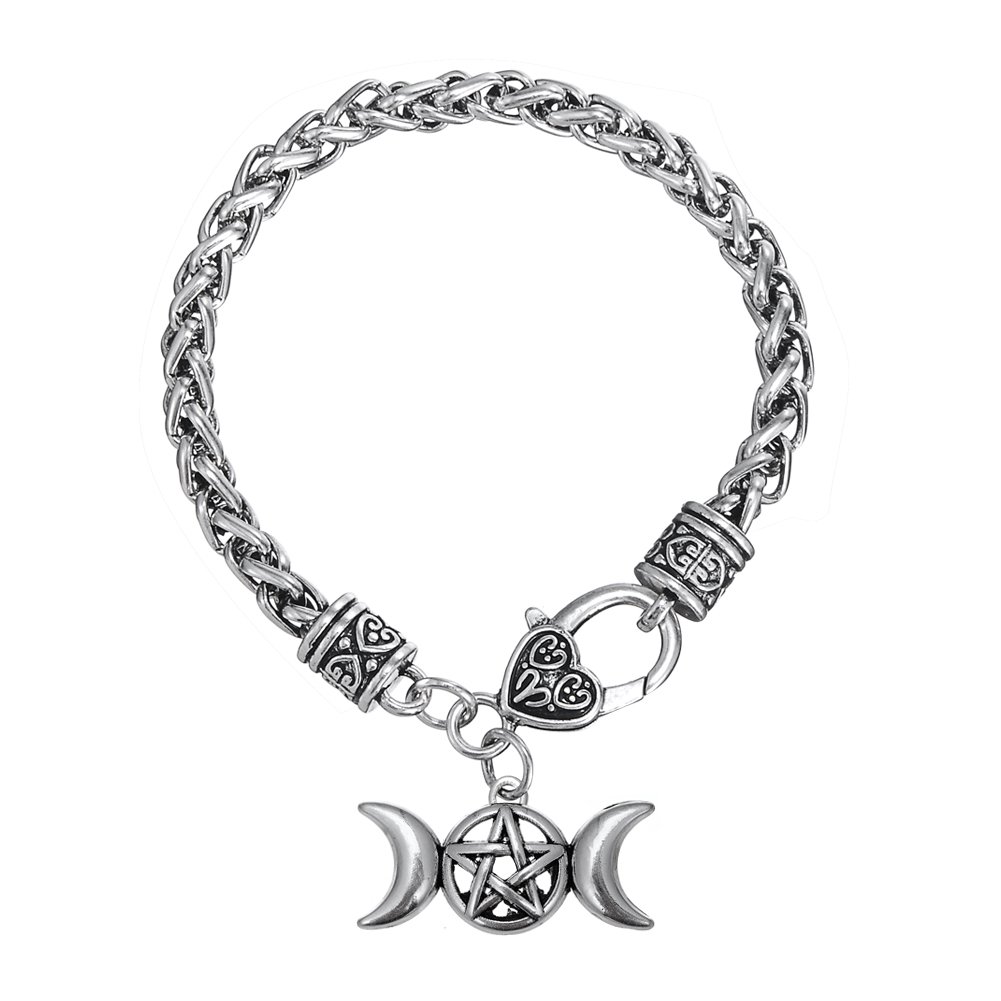Triple Moon Goddess Amulet Wicca Pentagram Wheat Chain Bracelet for Women Men Pagan Jewelry