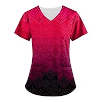 Womens V-Neck Lightweight Blouse Carer Uniform T Shirt Casual Short Sleeve Tees Workwear Print Top with Pockets