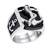 Personalize Mens Nautical Black Onyx Gemstone Or Etched Brown Wood Inset Large Boat Anchor Signet Ring For Men Solid .925 Sterling Silver Made In Turkey