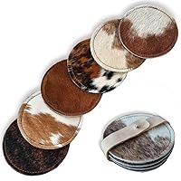 Cowhide Coasters for Drinks Set of 6, Absorbent Leather Hair-On, 4