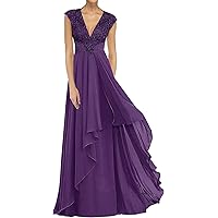 Mother of The Bride Dresses Ruffle Chiffon V Neck Formal Wedding Guest Dress Lace Appliques Prom Dress for Women