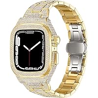 Diamond Watch Case+Metal Watch Strap Modification Kit，For Apple Watch 8 7 6 5 4 SE ，Fashion Business Watch Band for Lady Women Girls，For Iwatch Series 44mm 45mm