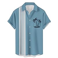 Mens Bowling Shirt 1950s Retro Print Hawaiian Shirts Short Sleeve Casual Button Down Shirt Beach Shirts