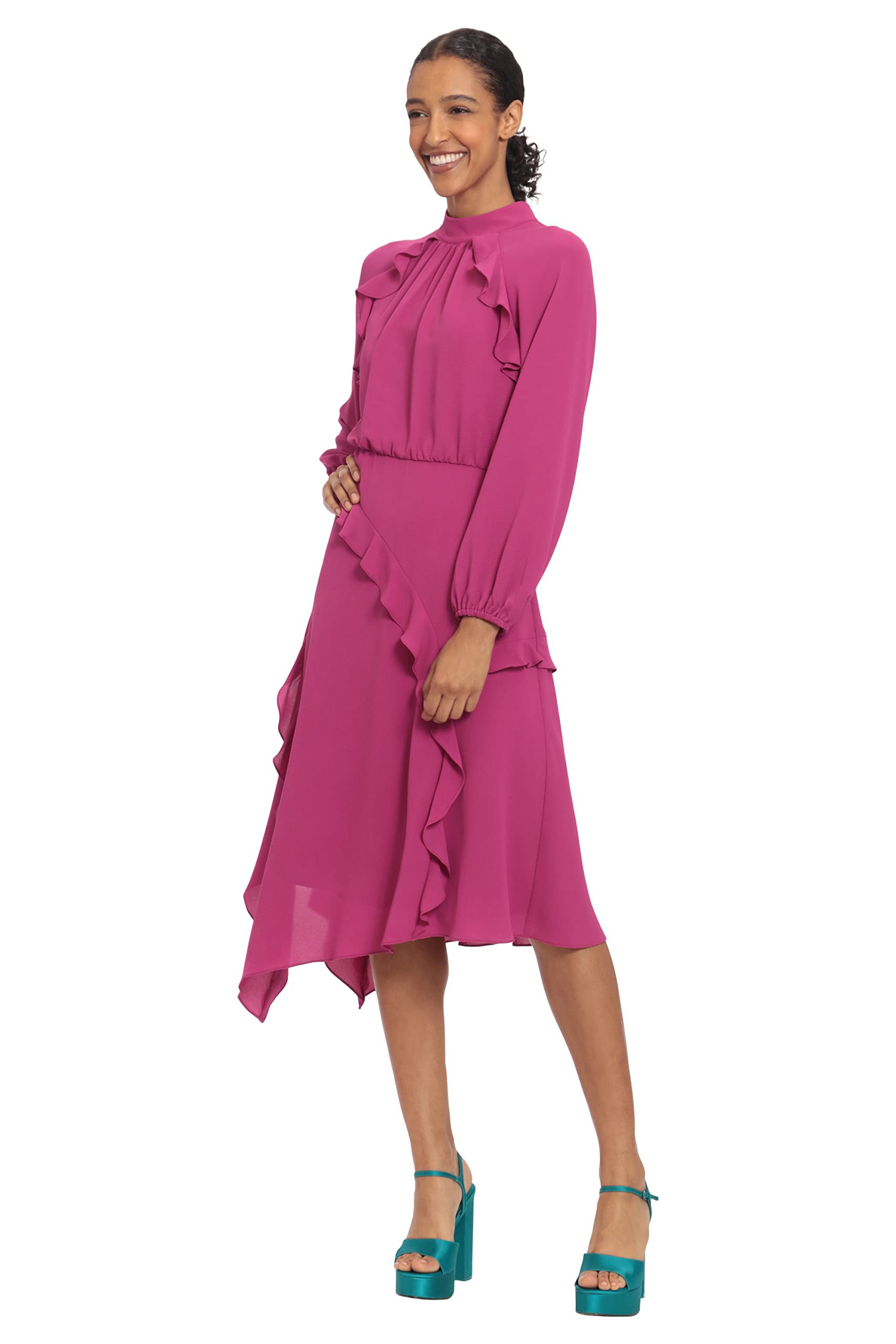 Donna Morgan Women's Mock Neck Multi Ruffle Long Sleeve Dress