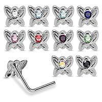 20 Pieces Box Set of Mix Colored Jeweled Butterfly Top 22 Gauge 925 Sterling Silver L Shape Nose Stud