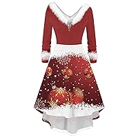 Women's Christmas Dresses Long Sleeve V Neck Elegant Swing Dress Snowman Reindeer Xmas Dress Fancy Cosplay Outfits