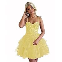 Spaghetti Straps Glitter Tulle Homecoming Dress Short Tiered Ruffles Formal Prom Dress Cocktail Gowns